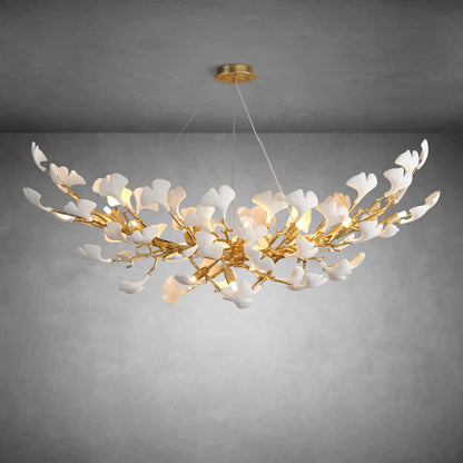 Modern Gold Tree Branch Chandelier for Dining Room, 55-inch Rectangle Ceramic Ginkgo Leaf Chandelier