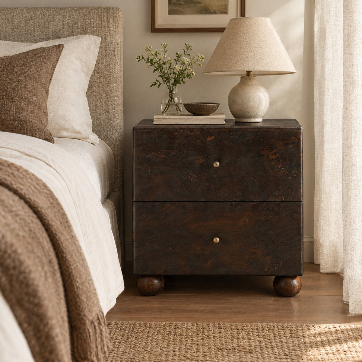 Burl Wood Bedside Table with Brass Accents