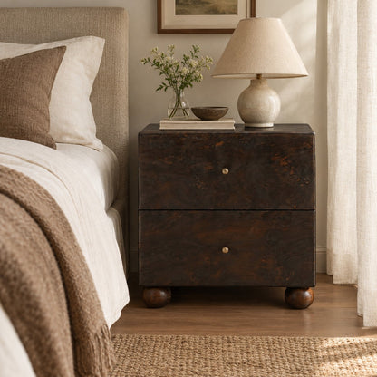 Burl Wood Bedside Table with Brass Accents