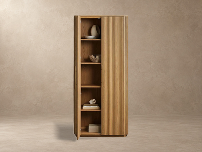 Tall Reeded Oak Storage Cabinet with Doors