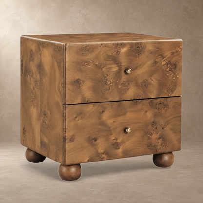 Burl Wood Bedside Table with Brass Accents