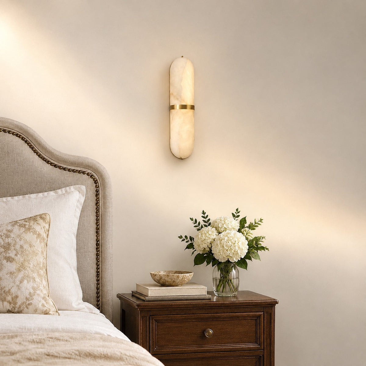 Alabaster Pill Wall Lamp, 3.9~4.7-Inch x H 15.7-Inch, Brass, Warm Light for Living Room & Dining Room