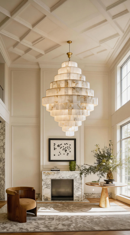Luxury Sculpted Pyramid-Tier Alabaster Chandelier for High Ceiling