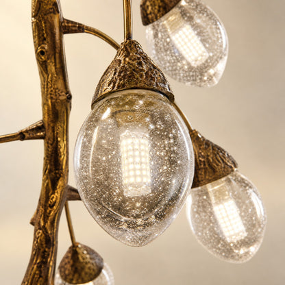 Antique Brass Metal and Glass Vine Branch Chandelier