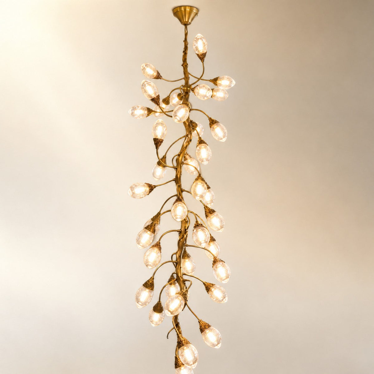 Antique Brass Metal and Glass Vine Branch Chandelier