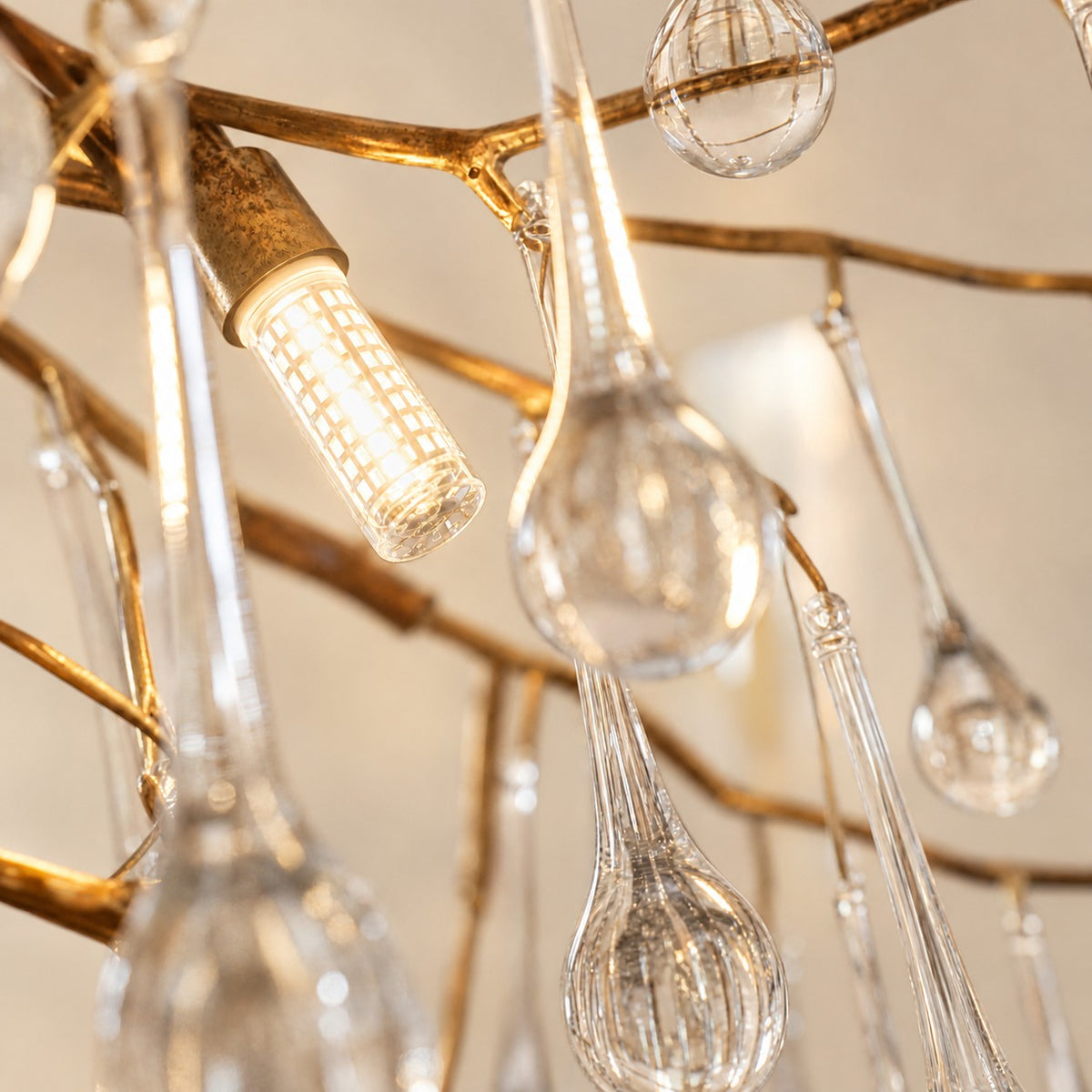 Antique Brass Metal Branch Crystal Chandelier