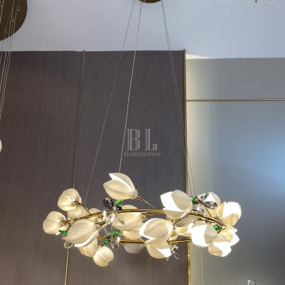 Art Design Creative Ceramic Magnolia Ring/Linear Chandelier for Bedroom/Living Room/Dining Room/Kitchen Island