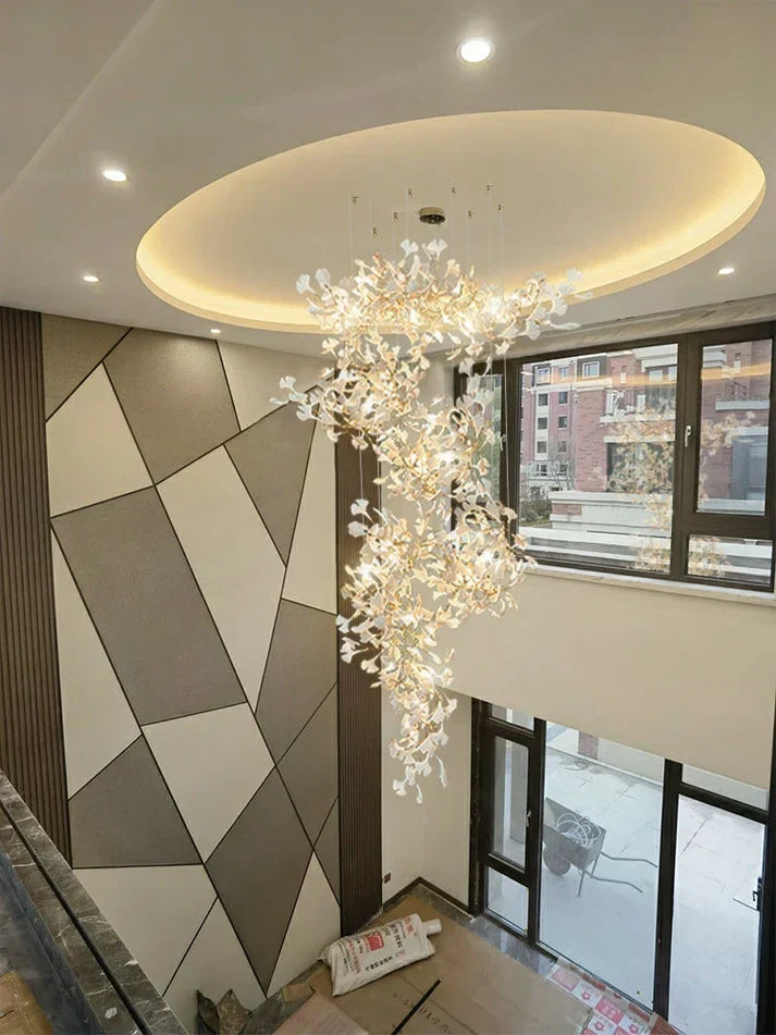 Artistic Tree Branch Pendant Light with Ceramic Ginkgo Leaves
