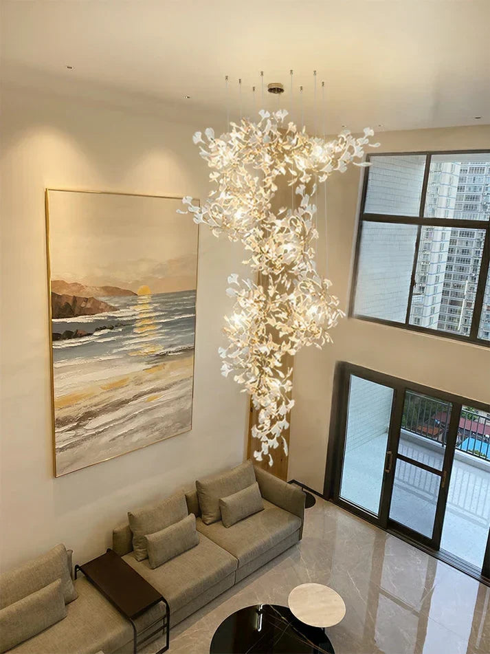 Artistic Tree Branch Pendant Light with Ceramic Ginkgo Leaves
