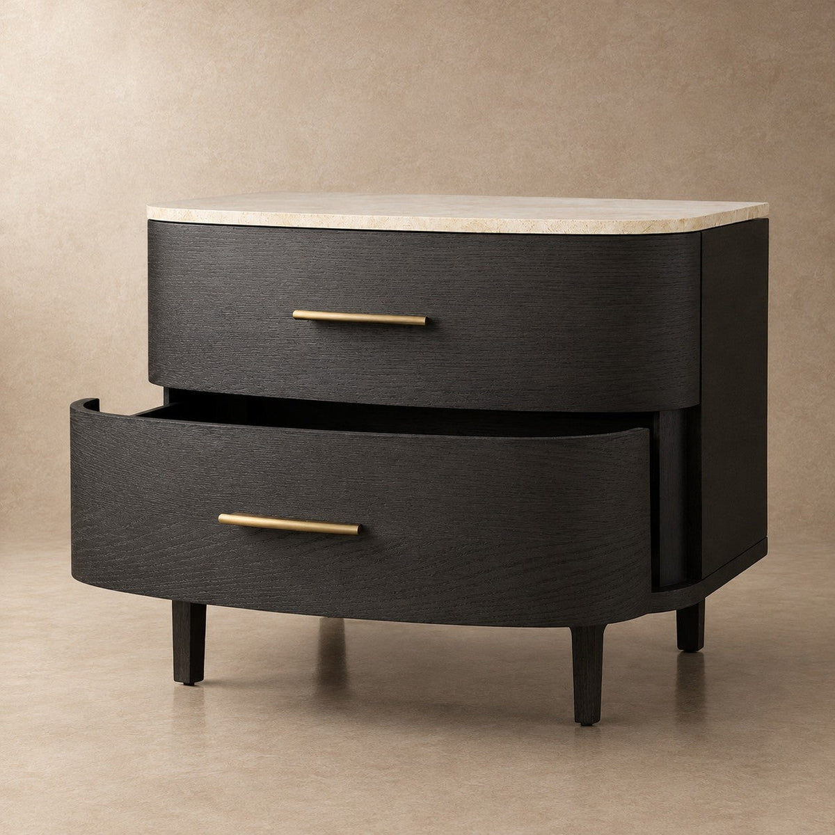Two-Drawer Marble Top Bedside Table With Brass Pulls