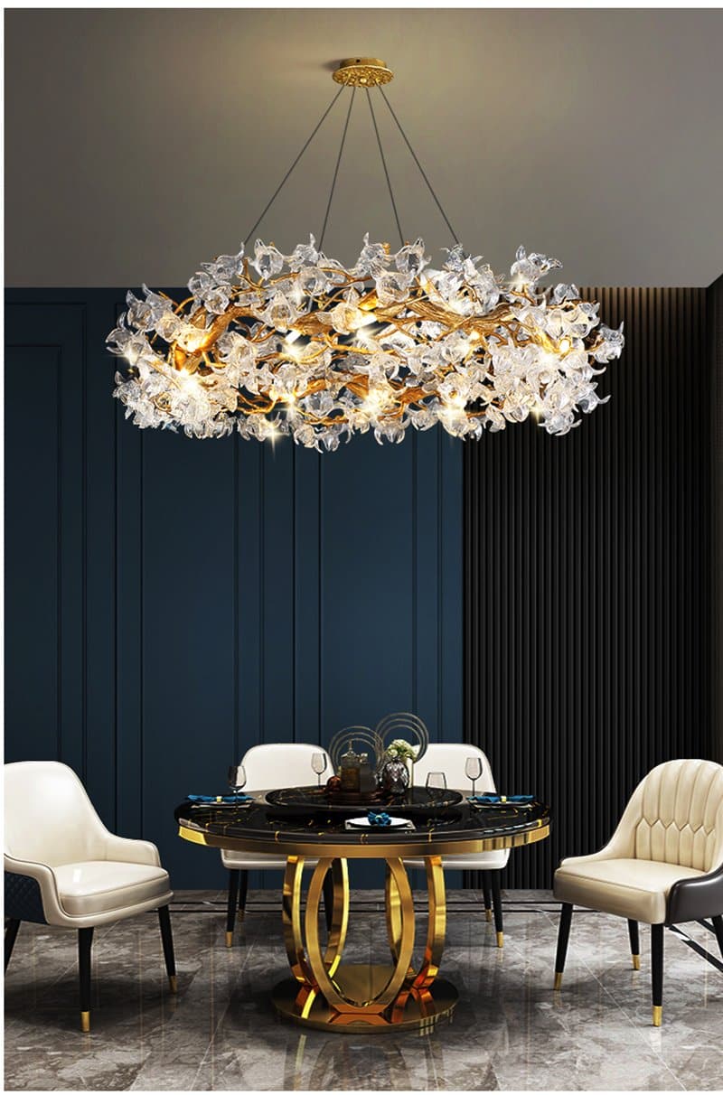 Branch Petal Crystal Brass Round Chandelier