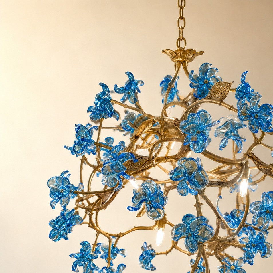 Blue Glass Floral Branch Chandelier with Gold Finish