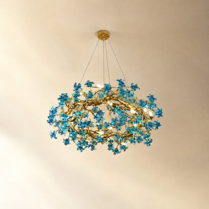 Blue Glass Floral Branch Chandelier with Gold Finish