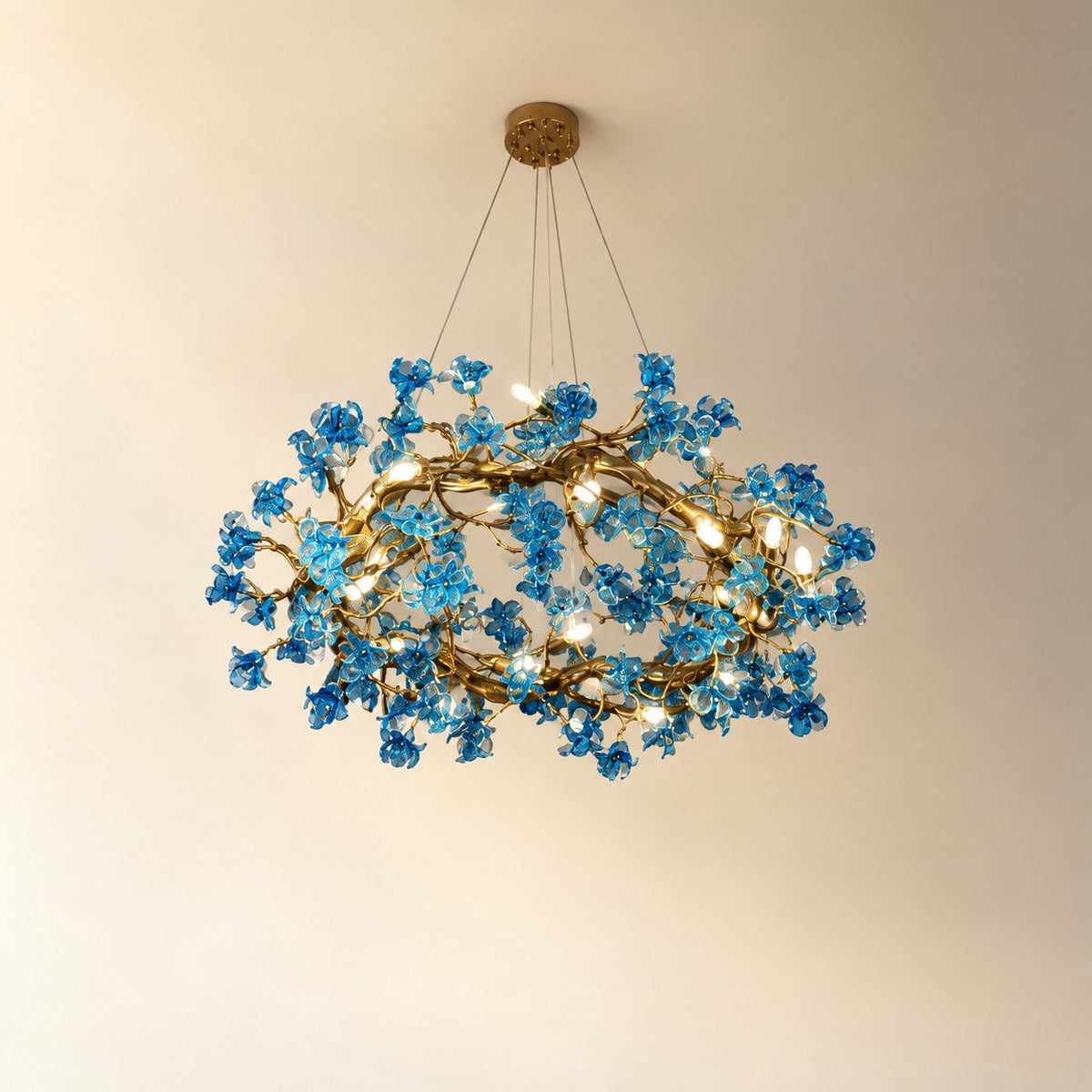 Blue Glass Floral Branch Chandelier with Gold Finish