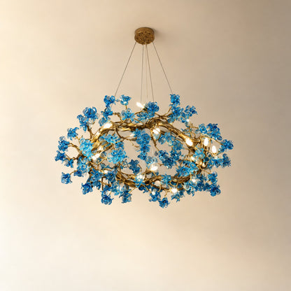 Blue Glass Floral Branch Chandelier with Gold Finish
