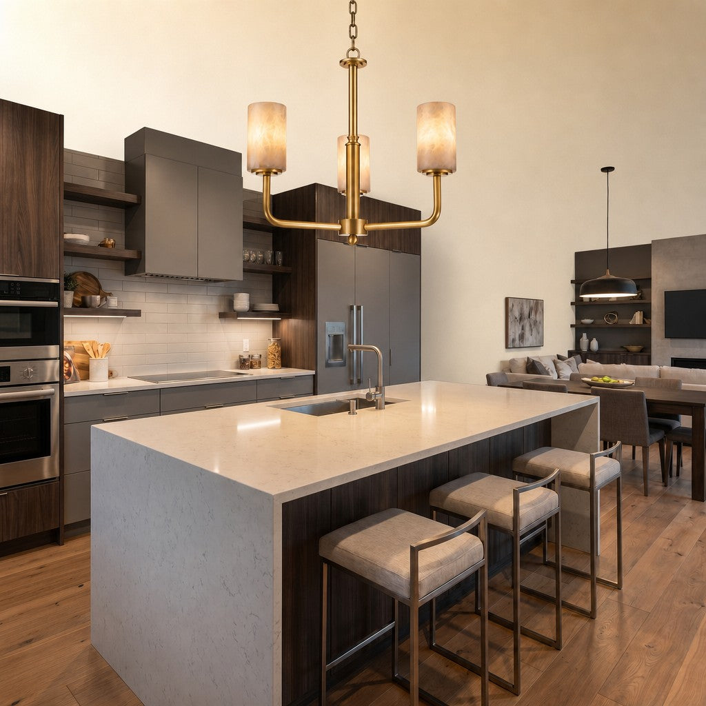 Brass 3-Arm Cylinder Alabaster Pendant Light
