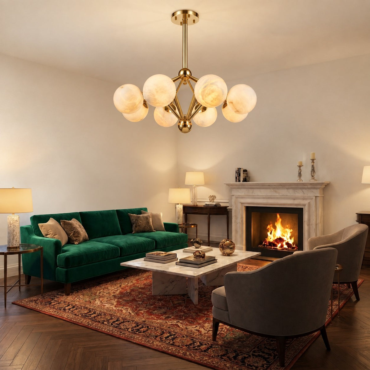 Brass 8-orb Alabaster Pendant Light