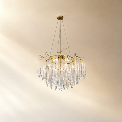 Brass Branch Chandelier with Cascading Clear Crystal Raindrops