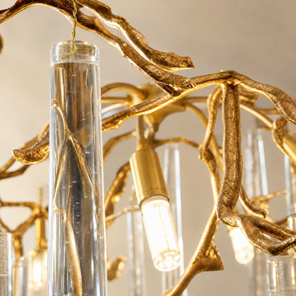 Brass Branch Chandelier with Cascading Clear Crystal Raindrops