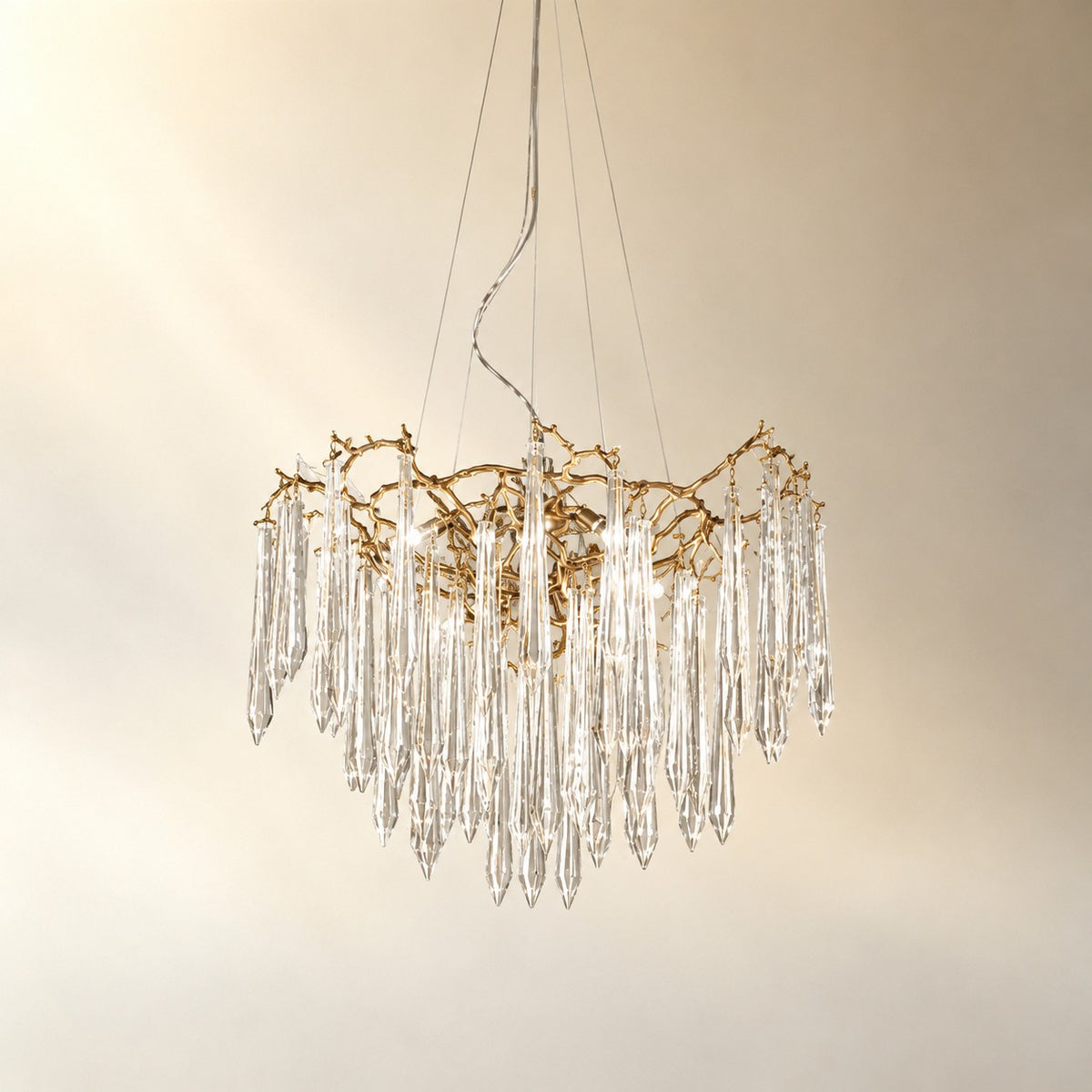 Brass Branch Chandelier with Cascading Clear Crystal Raindrops