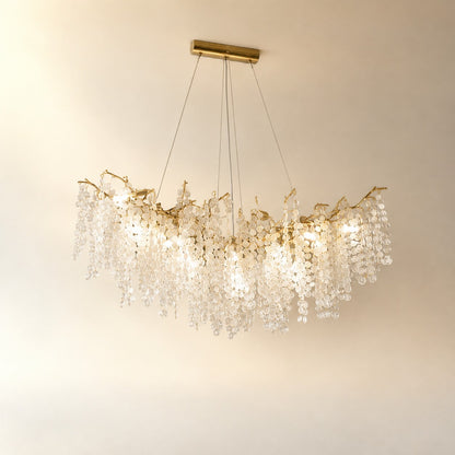 Brass Branch Chandelier with Frosted Glass Leaf Accents