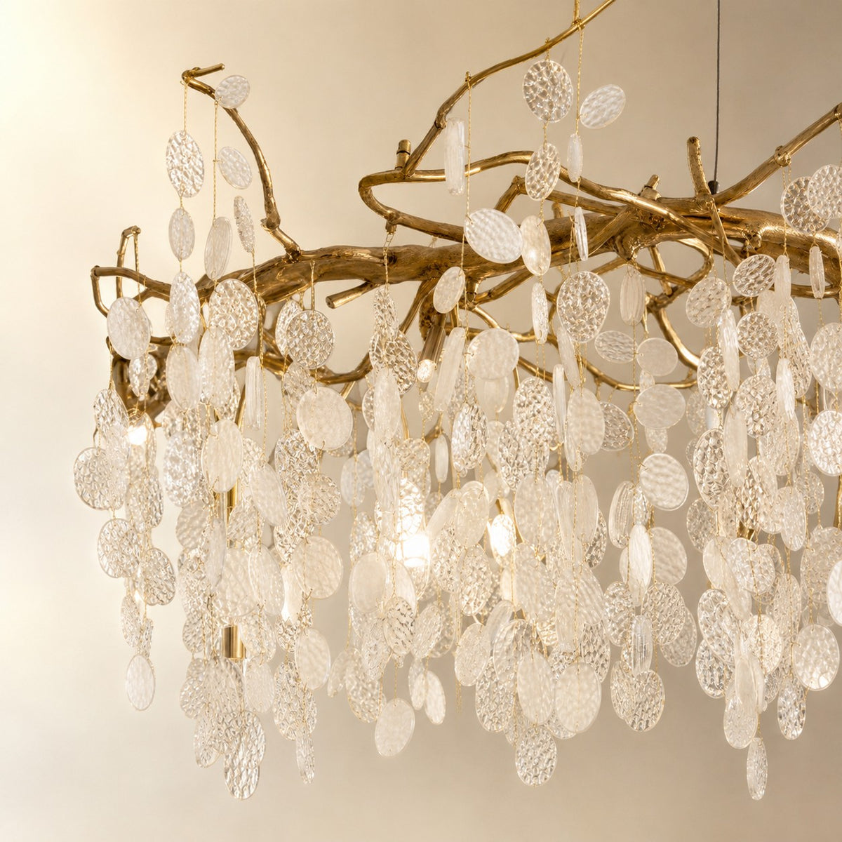 Brass Branch Chandelier with Frosted Glass Leaf Accents