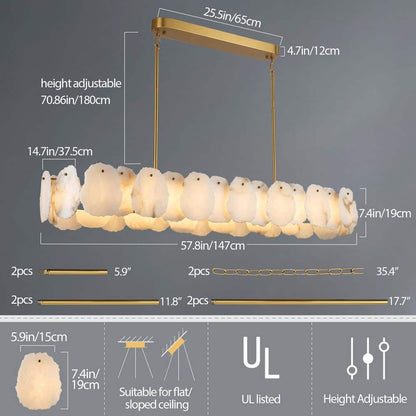 57.8 in. 1-Light Dimmable Integrated LED Brass Alabaster Chandelier, Luxury Large Marble Kitchen Island Chandelier