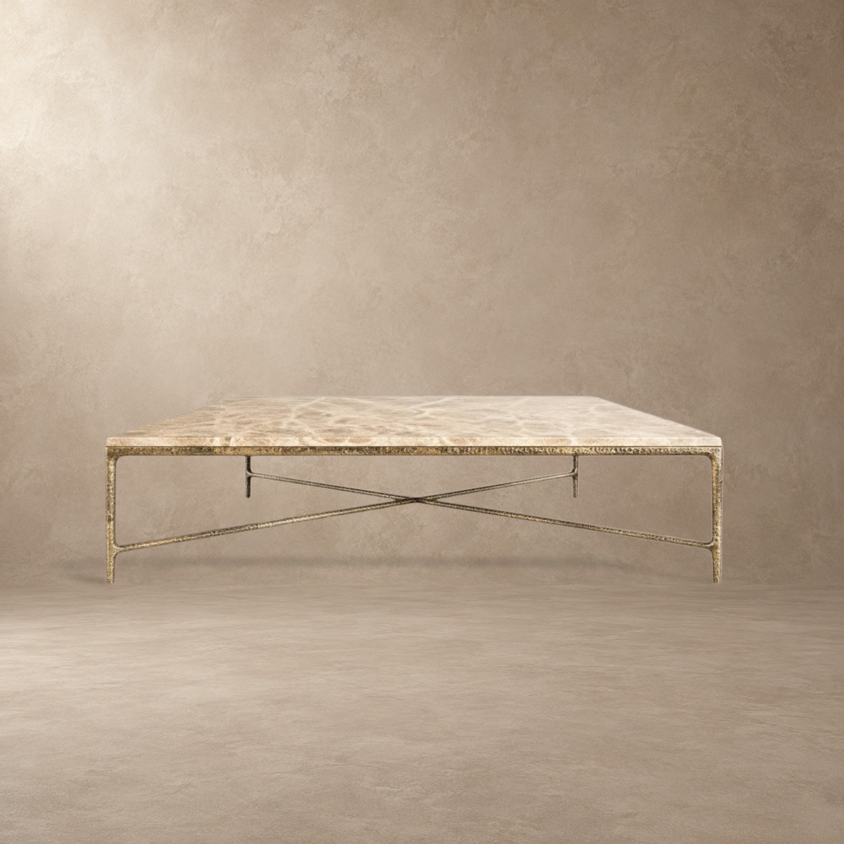 Happyarcadian Square Hammered Metal and Marble Coffee Table