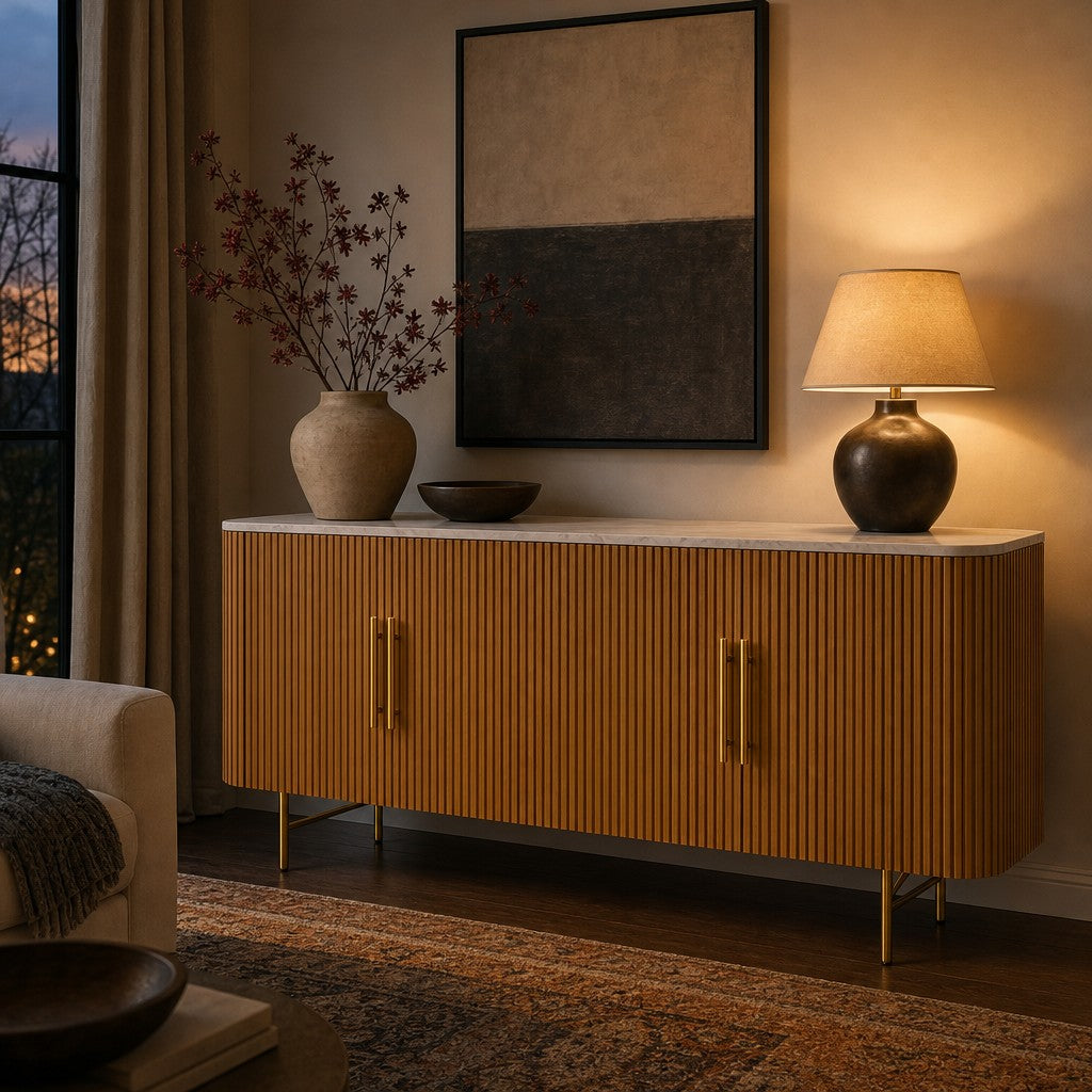 Rural Marble-Top Oak Sideboard Cabinet