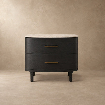 Two-Drawer Marble Top Bedside Table With Brass Pulls