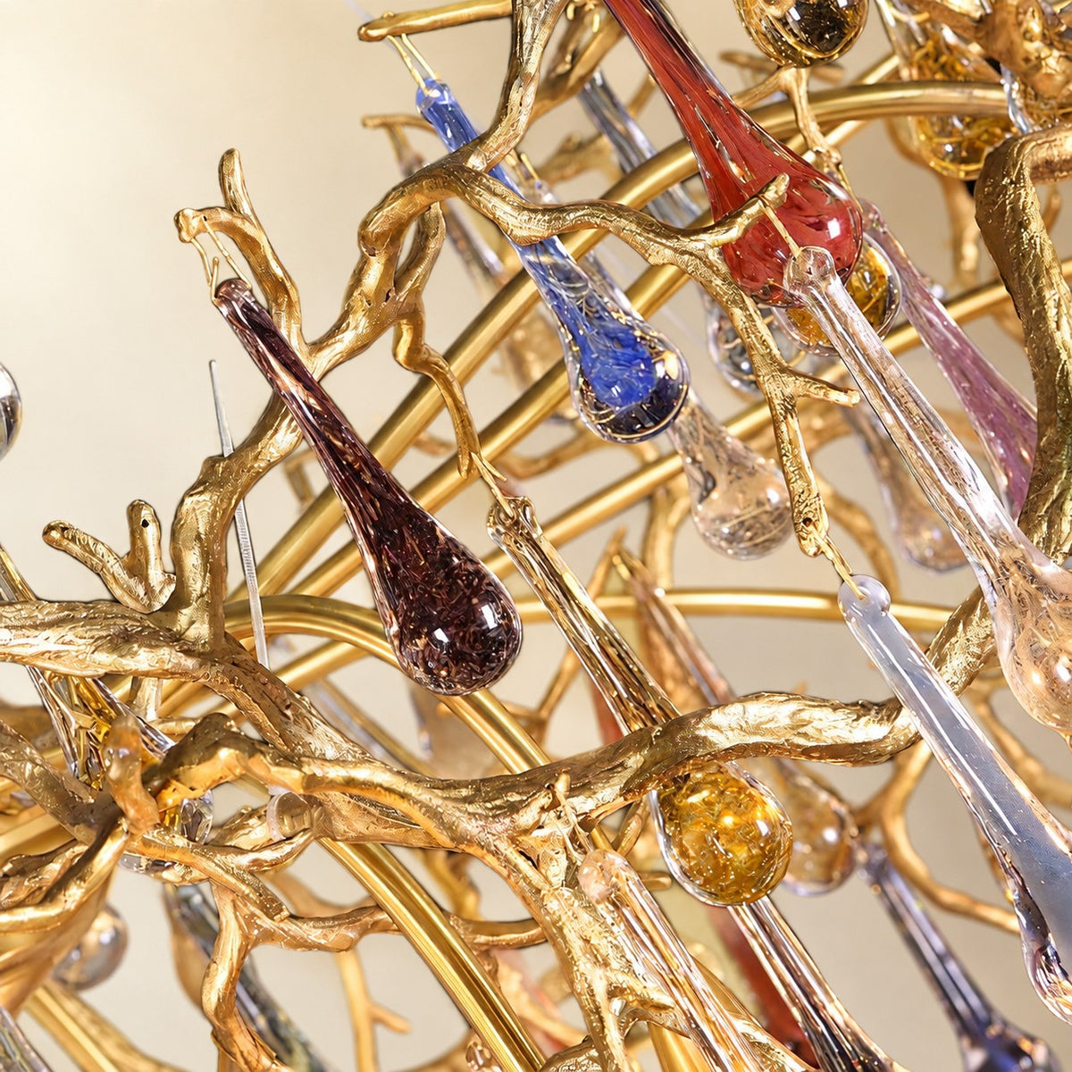 Colorful Raindrop Brass Branch Chandelier with Crystal Accents