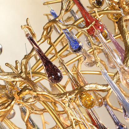 Colorful Raindrop Brass Branch Chandelier with Crystal Accents