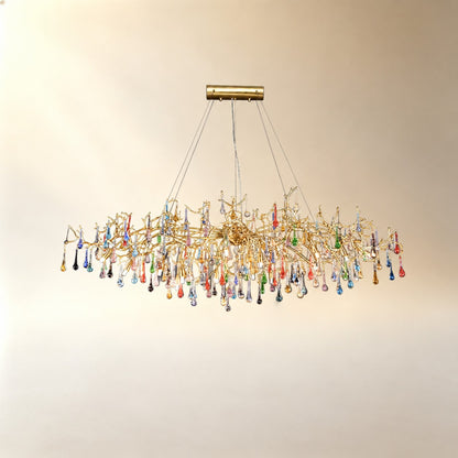 Colorful Raindrop Brass Branch Chandelier with Crystal Accents