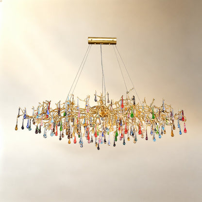 Colorful Raindrop Brass Branch Chandelier with Crystal Accents