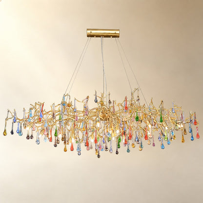Colorful Raindrop Brass Branch Chandelier with Crystal Accents
