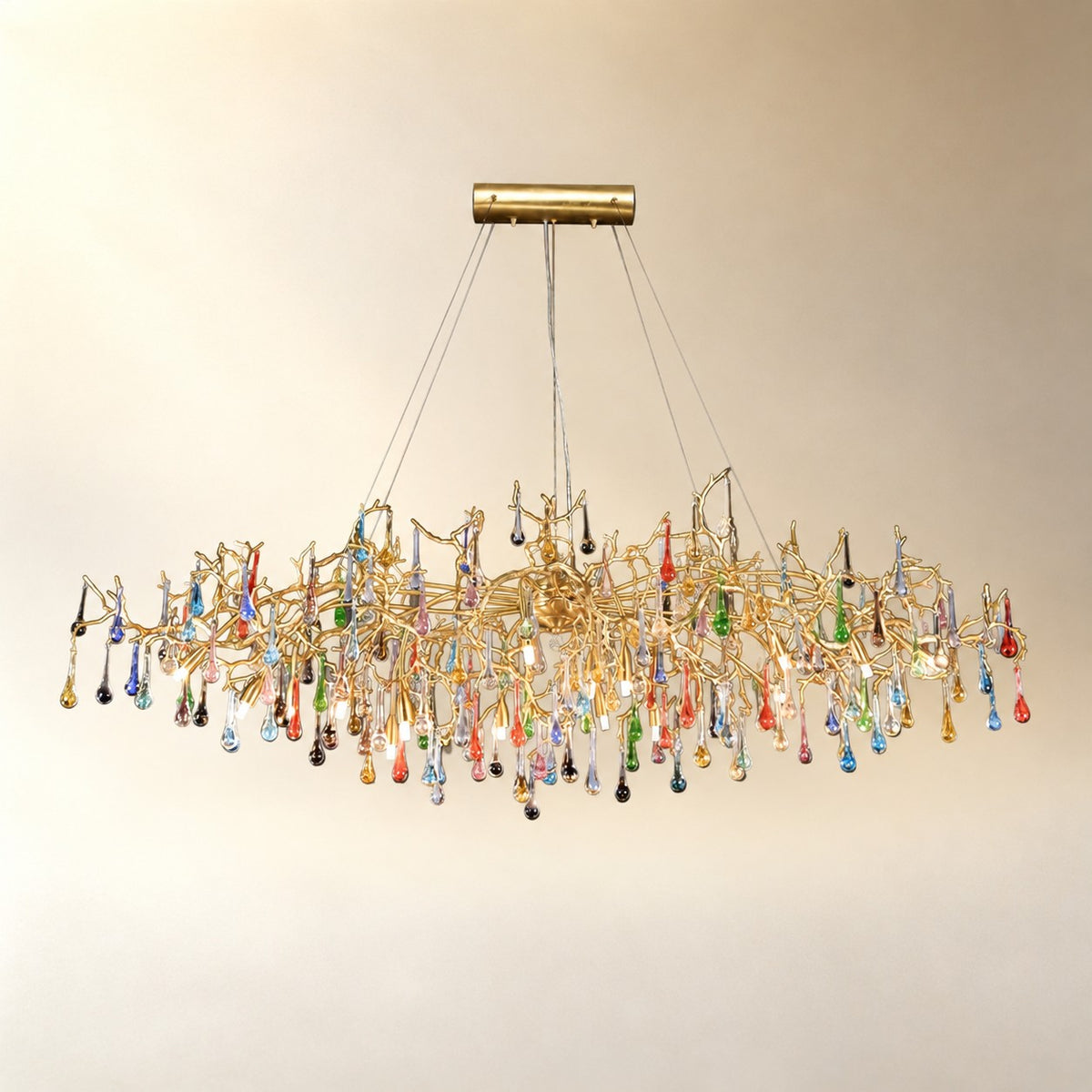 Colorful Raindrop Brass Branch Chandelier with Crystal Accents