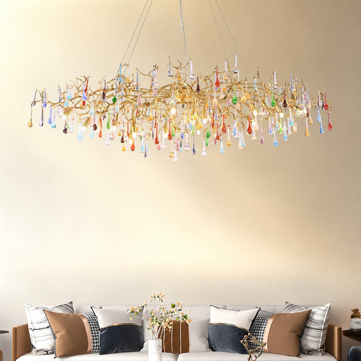 Colorful Raindrop Brass Branch Chandelier with Crystal Accents