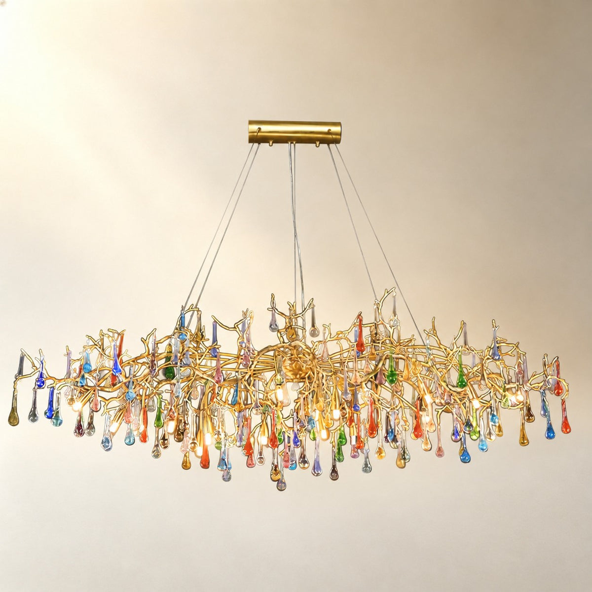 Colorful Raindrop Brass Branch Chandelier with Crystal Accents