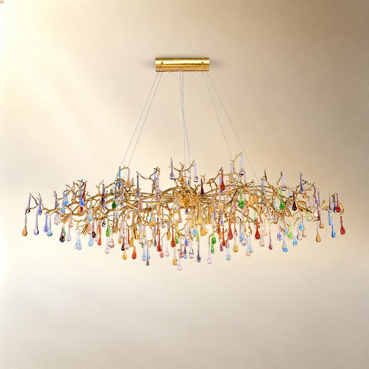 Colorful Raindrop Brass Branch Chandelier with Crystal Accents