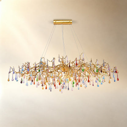Colorful Raindrop Brass Branch Chandelier with Crystal Accents