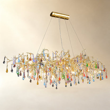 Colorful Raindrop Brass Branch Chandelier with Crystal Accents