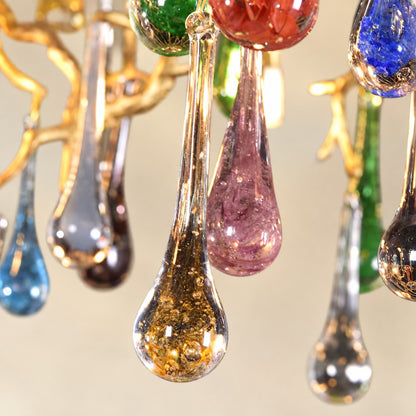 Colorful Raindrop Brass Branch Chandelier with Crystal Accents