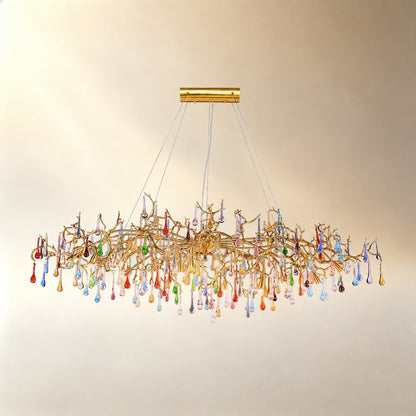 Colorful Raindrop Brass Branch Chandelier with Crystal Accents