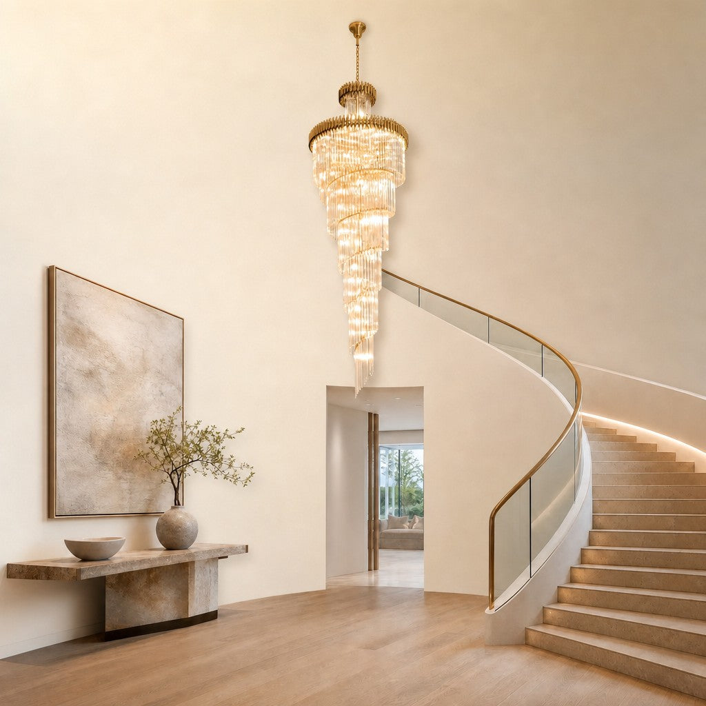 Crystal Spiral Chandelier – Gold Finish, 39‑in Diameter