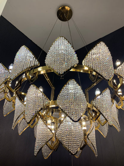 Modern Luxury 3-Tier Crystal Beads Knitmesh Chandelier in Champagne Gold Finish for Living Room