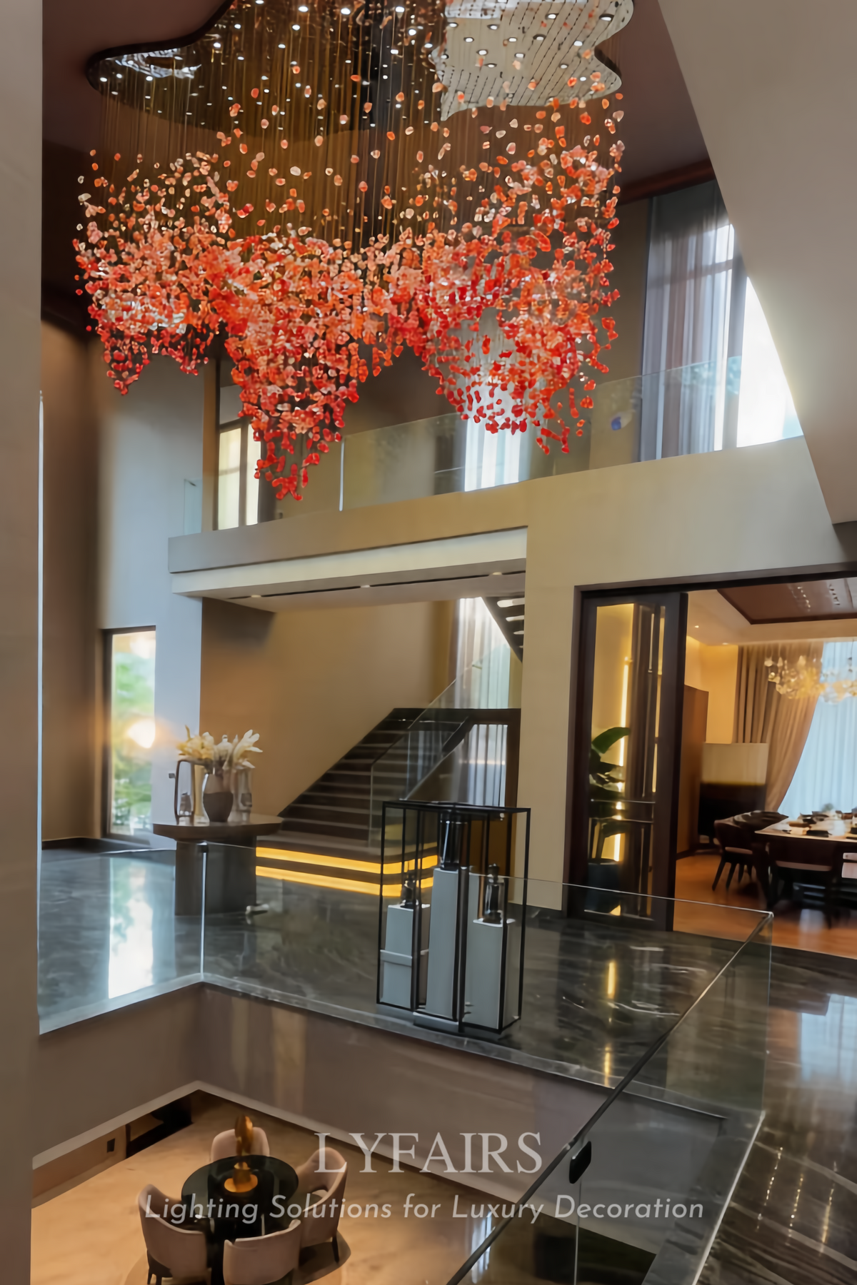 Modern Cascading Red Glazed Glass Stone Art Chandelier for Mansion/Hotel Lobby/Luxury Hall