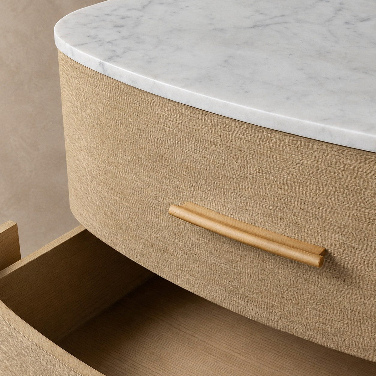 Two-Drawer Marble Top Bedside Table With Brass Pulls