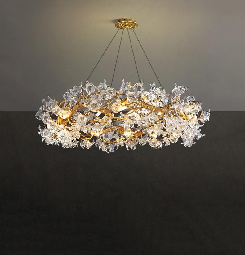 Branch Petal Crystal Brass Round Chandelier