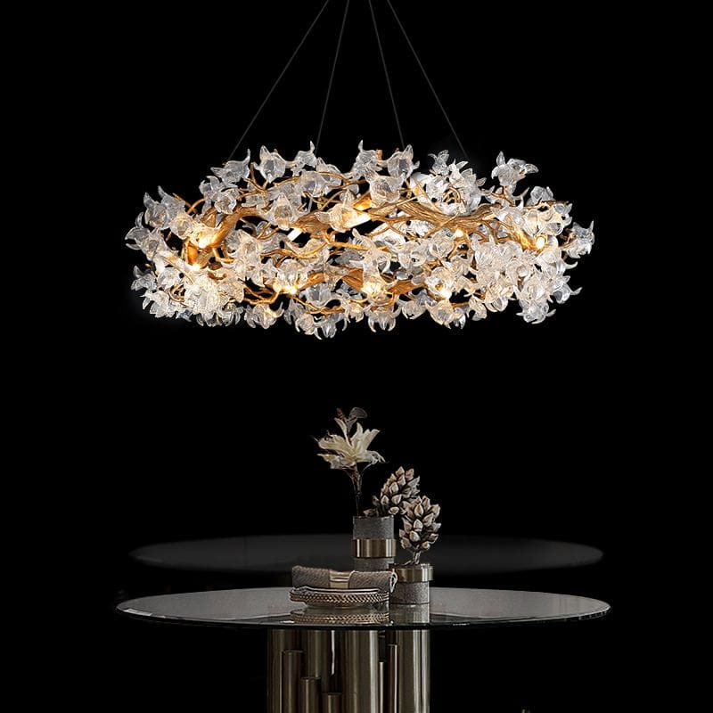 Branch Petal Crystal Brass Round Chandelier