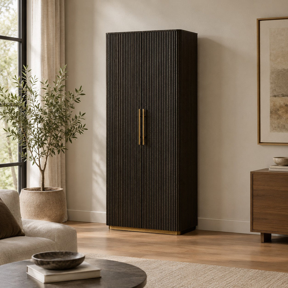 Tall Reeded Oak Storage Cabinet with Doors